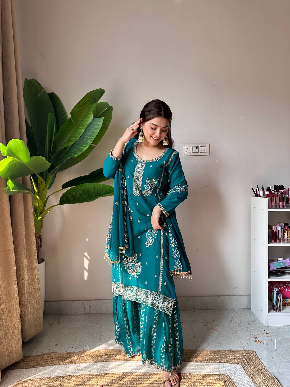 Teal Royal EID Special Faux Georgette Embroidered Gharara Suit Set with Dupatta