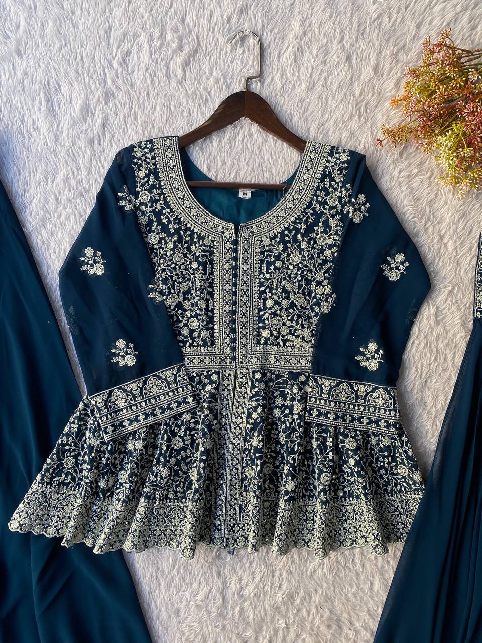 Navy blue Embroidered Georgette Peplum Top Plazzo Set with Dupatta