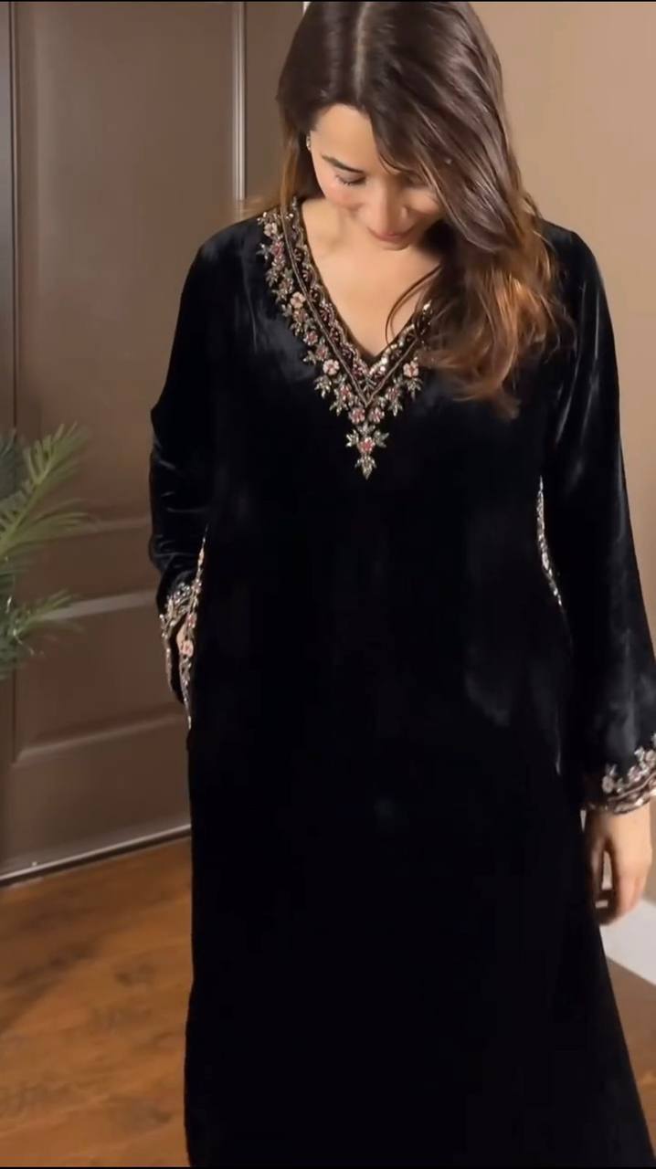 Black Viscose Velvet Thread and Sequence Work Top Pant Set
