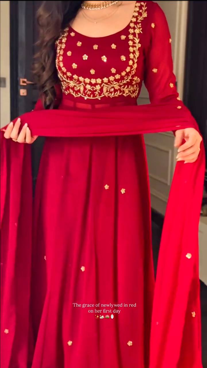 Red Heavy Faux Georgette Thread and Sequence Work Suit with Pant and Dupatta Set