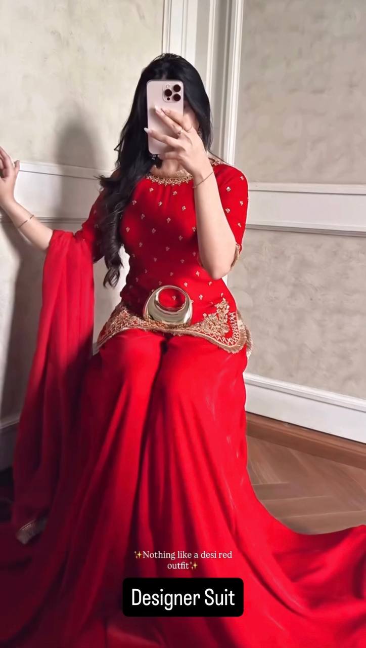 Red C by C Faux Georgette Thread and Sequence Work Sharara Set with Lace Dupatta