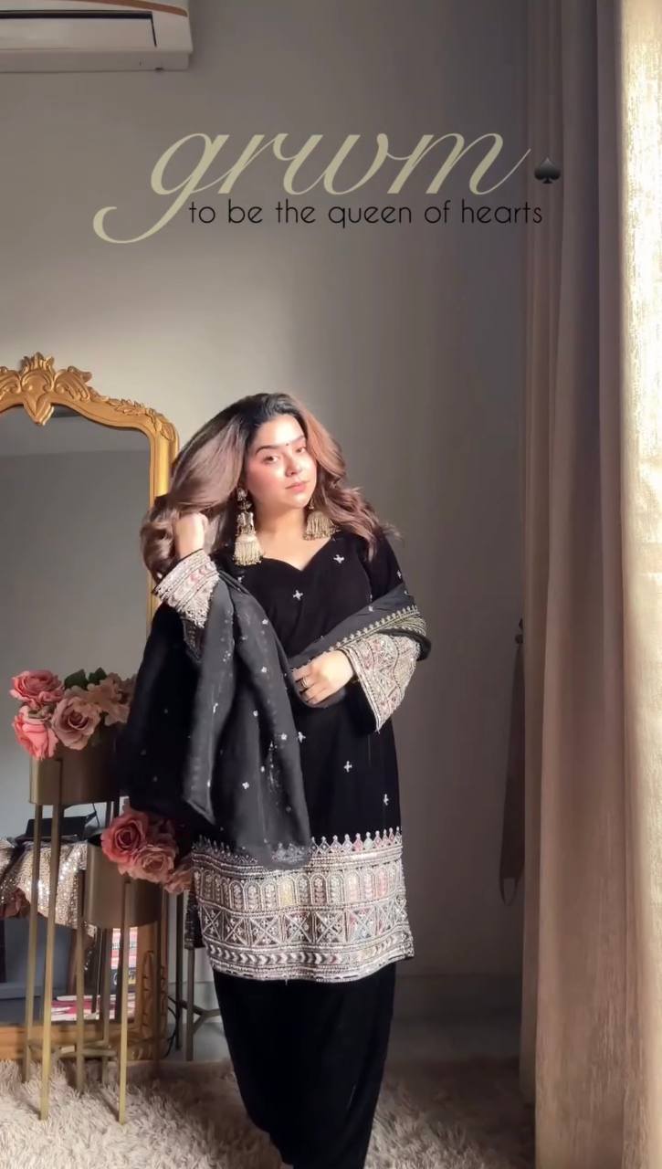 Black Heavy Velvet Coding and Sequence Work Palazzo Set with Tibby Silk Dupatta
