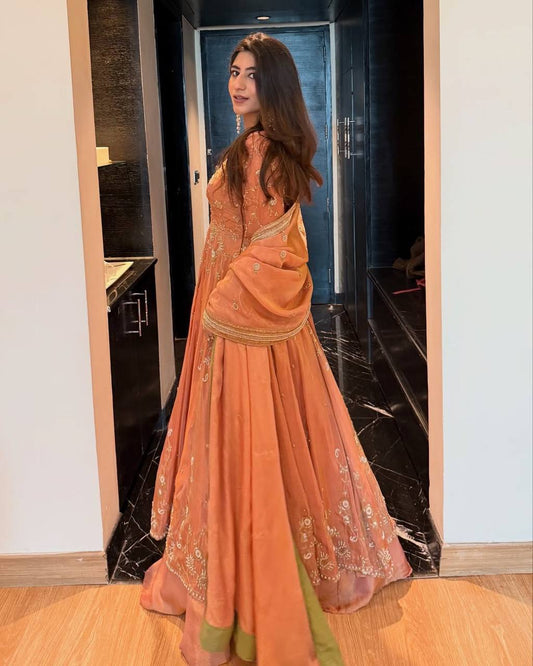 Orange colour Heavy Chinon Silk Thread and Sequence Work Gown with Lehenga and Dupatta Set