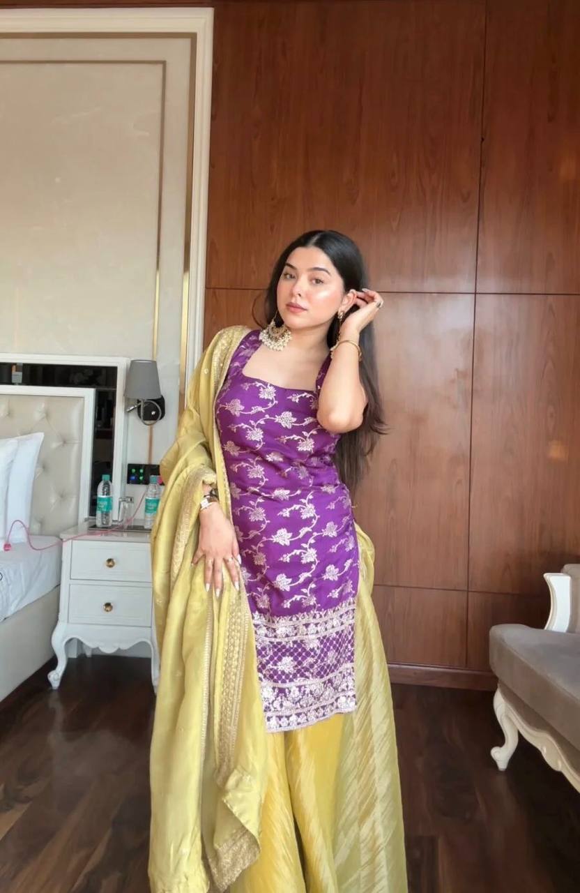 Purple Jequard Thread and Sequence Work Top with Crunchy Silk Palazzo and Four-Side Border Dupatta