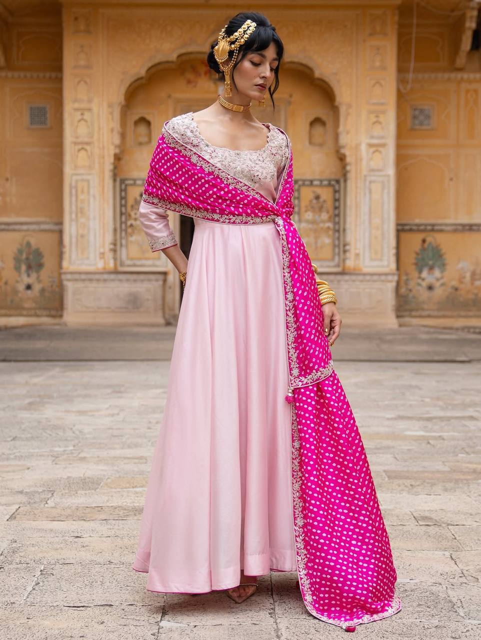 Pearl Pink Natural Crepe Silk Thread and Sequence Work Gown Set