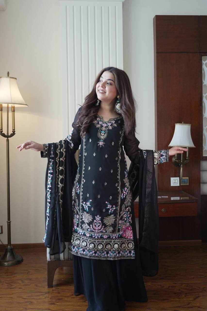 Black Fox Georgette Sequence Embroidery Kurti with Circular Palazzo and Dupatta