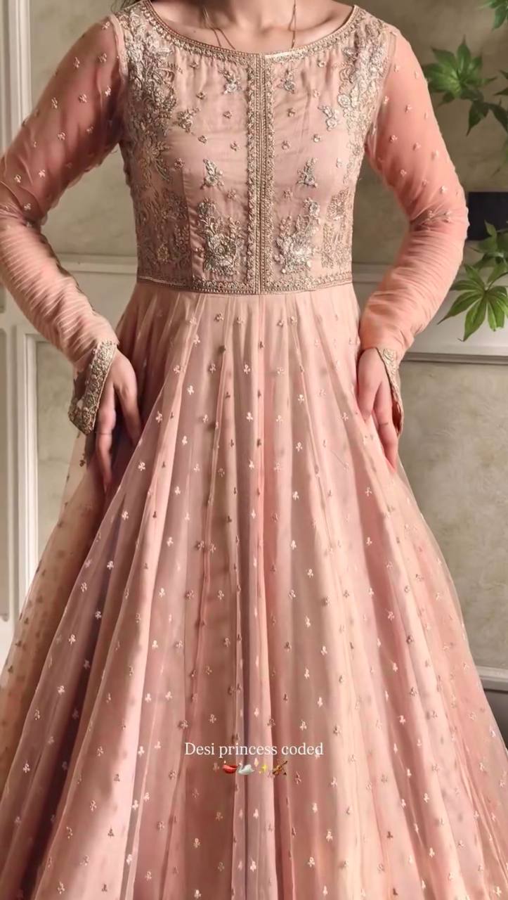 Shehzadi Pink Faux Georgette Thread and Sequence Work Gown with Lehenga and Butterfly Net Dupatta