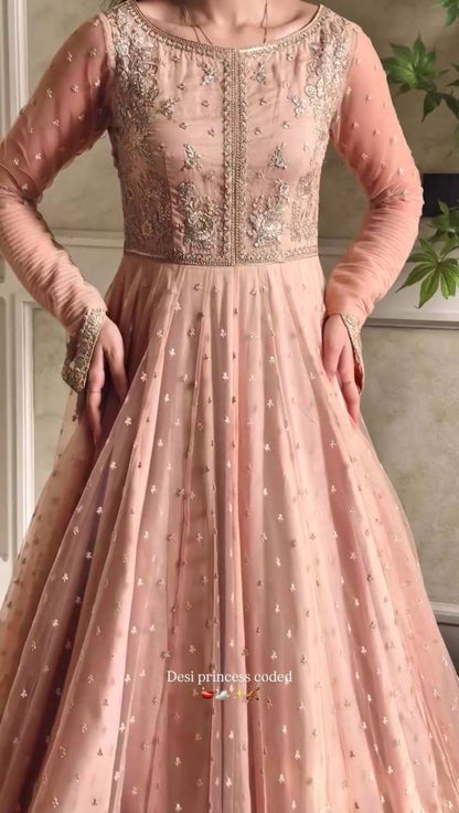Shehzadi Pink Faux Georgette Thread and Sequence Work Gown with Lehenga and Butterfly Net Dupatta