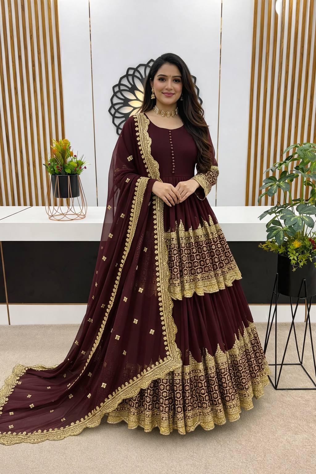 Maroon Faux Georgette Heavy Embroidery Sequence Work Top with Semi-Stitched Lehenga and Dupatta