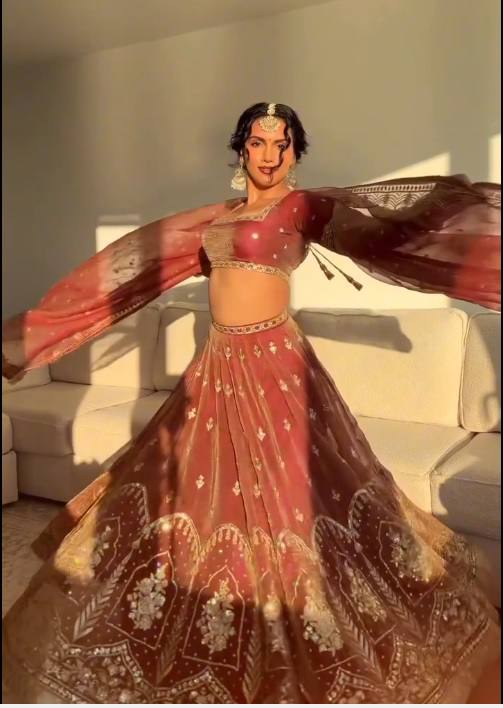 Antique Orange Krishma Silk Thread and Sequence Work Lehenga Set with Cancan and Unstitched Blouse