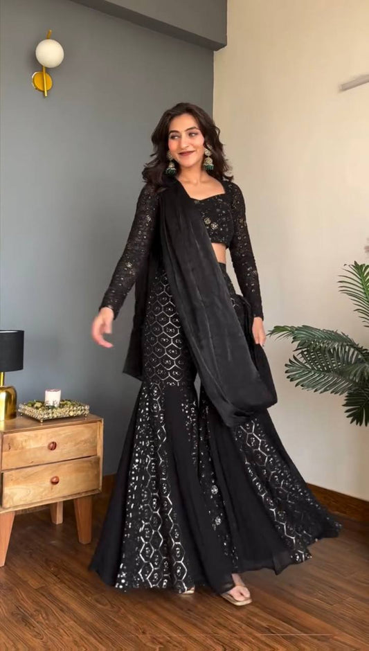 Black Faux Georgette Thread and Sequence Work Choli with Sharara and Dupatta