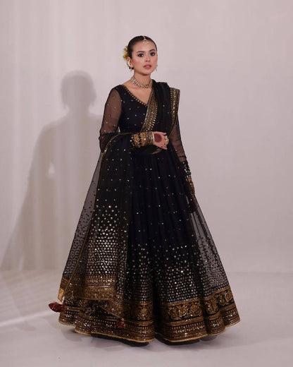 Black Soft Butterfly Net Thread and Sequence Work Anarkali Suit with Pant and Dupatta