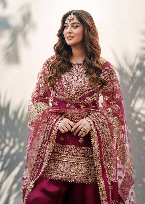 Royal Rani Pink Natural Crepe Thread and Sequence Work Top with Farshi Salwar Set