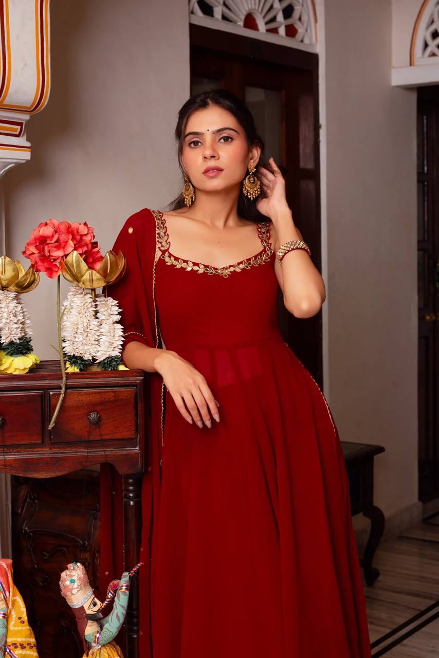 Red Faux Georgette Handwork Real Mirror Top with Palazzo and Dupatta Set