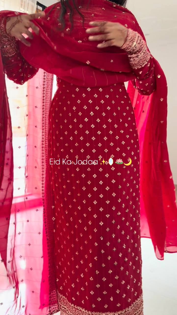 Red Silk Sequence Work Pant and Dupatta Set