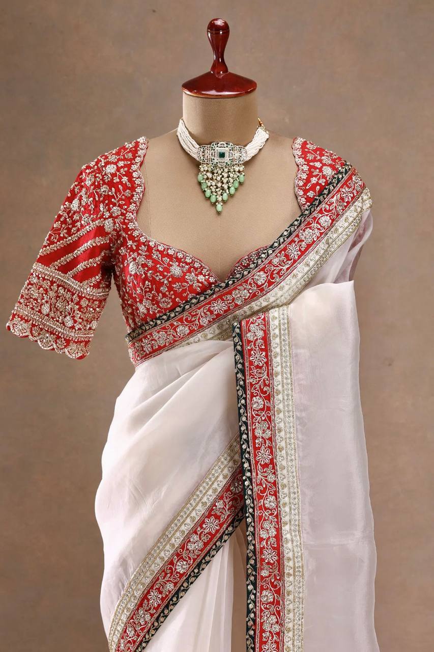 White Classic Marodi And Mirror Embroidered Saree