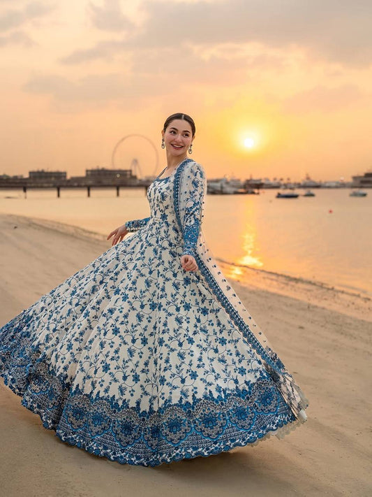 Blue And White Color Printed Anarkali Gown