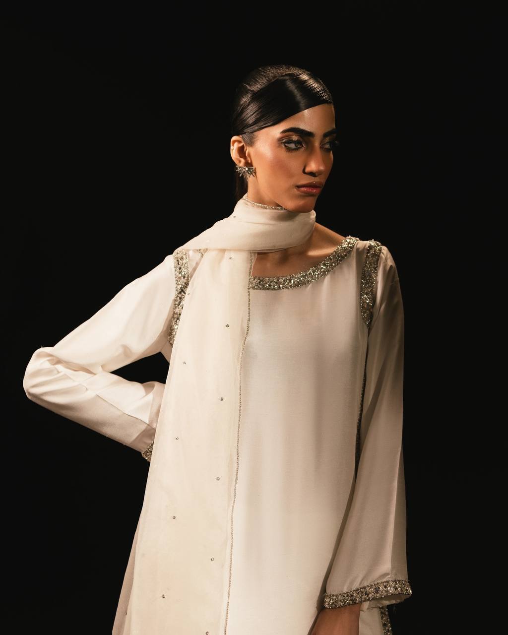 Ivory With Silver Embellished Borders Anarkali Gown Set