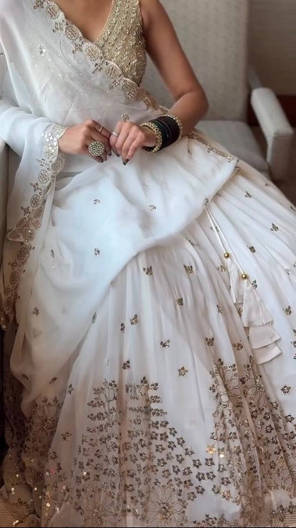 White With Golden Embellished Lehenga Choli Set