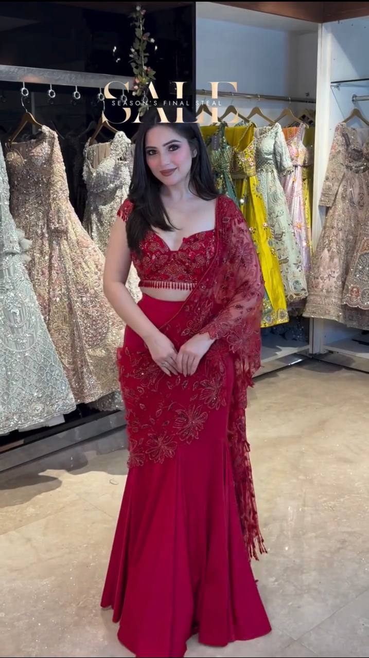 Red Color Designer Lehenga Saree Set