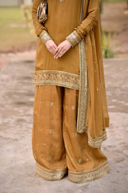 Gold Mustard Color Embroidered Kurta Sharara Set
