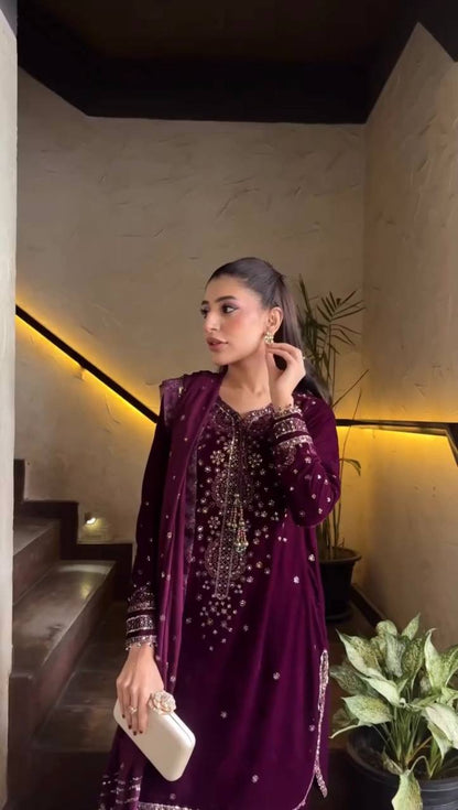 Deep Wine Embroidered Festive Suit Set