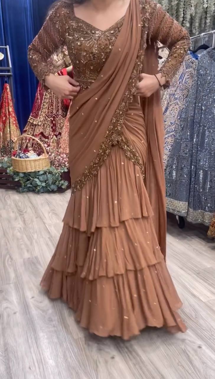 Peach Color Saree with Embroidered Blouse Set