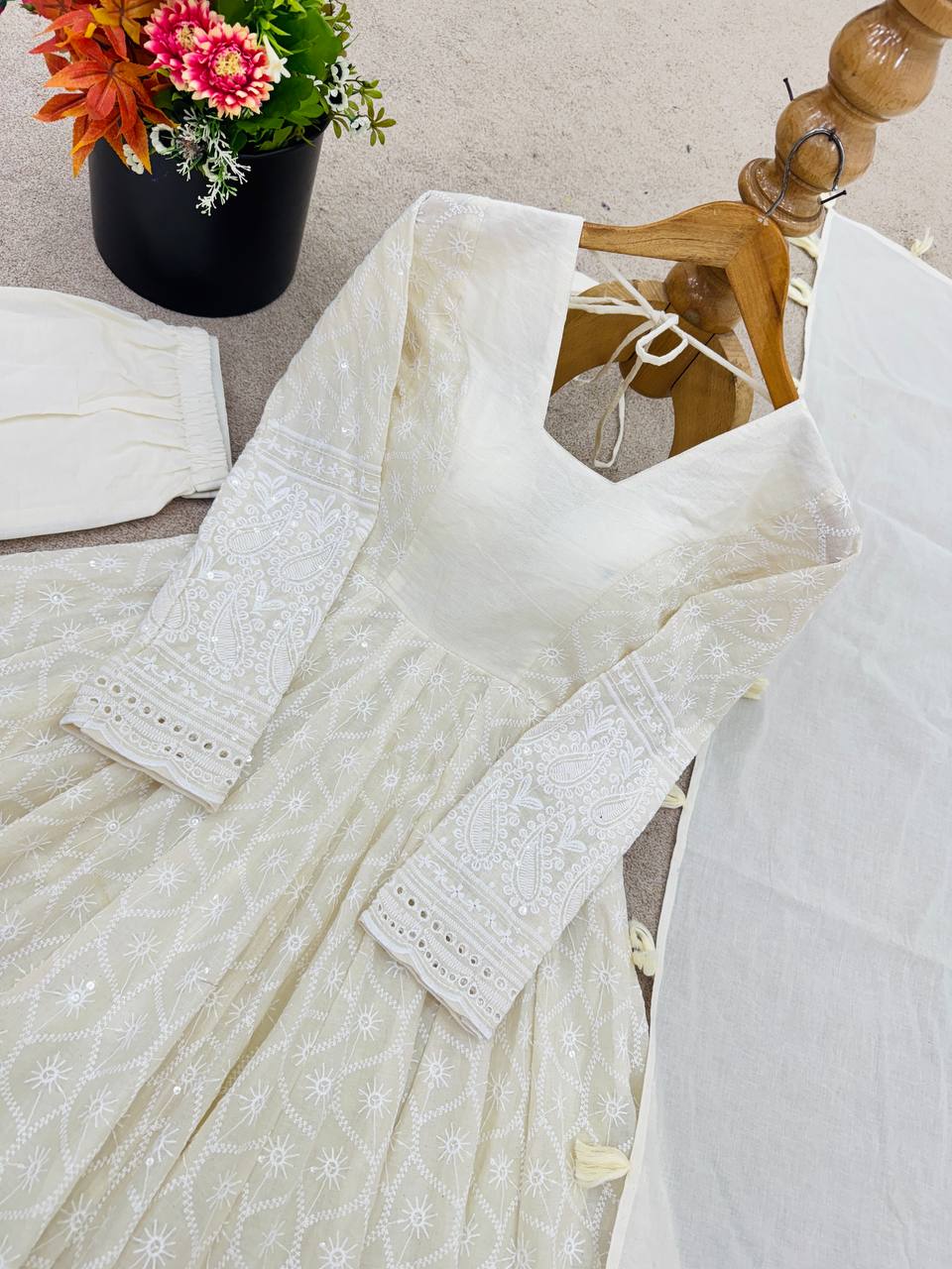 Beige Pure Kora Cotton Schiffli Work Anarkali Gown Set with Bottom and Dupatta