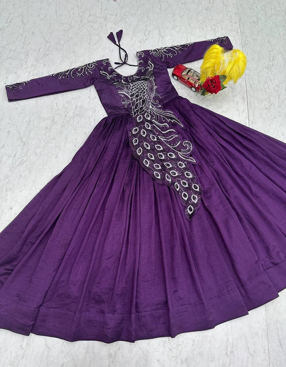 Teal Purple Vichitra Silk Heavy Embroidery Sequence Work Gown