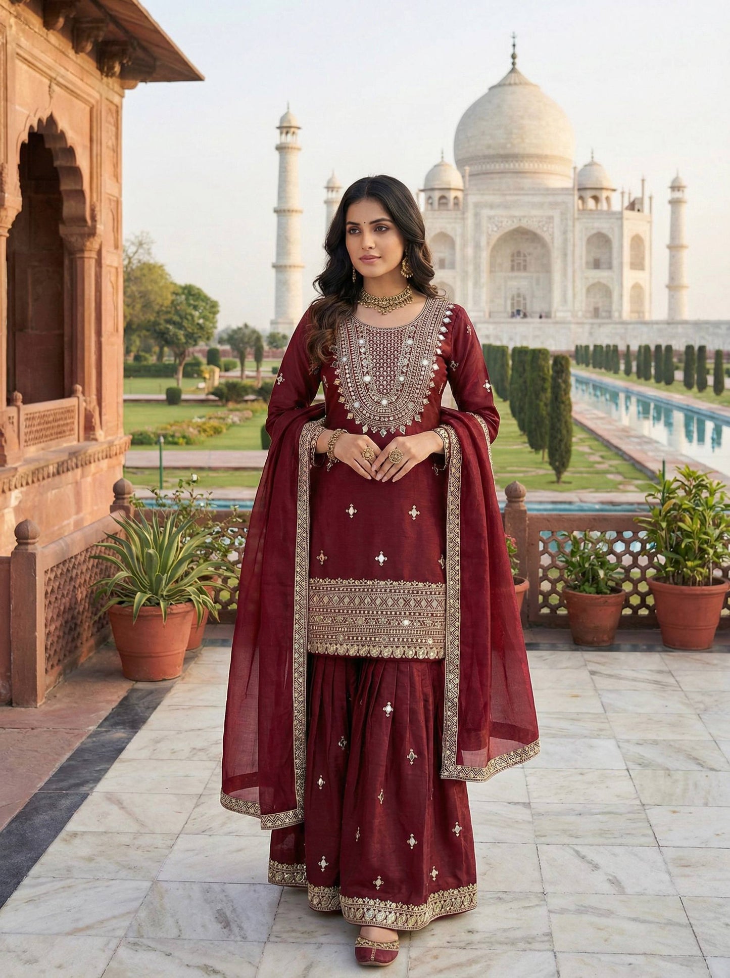 Ruby Port GMY Silk Embroidered Sharara Set with Mirror Work and Lace Border Dupatta