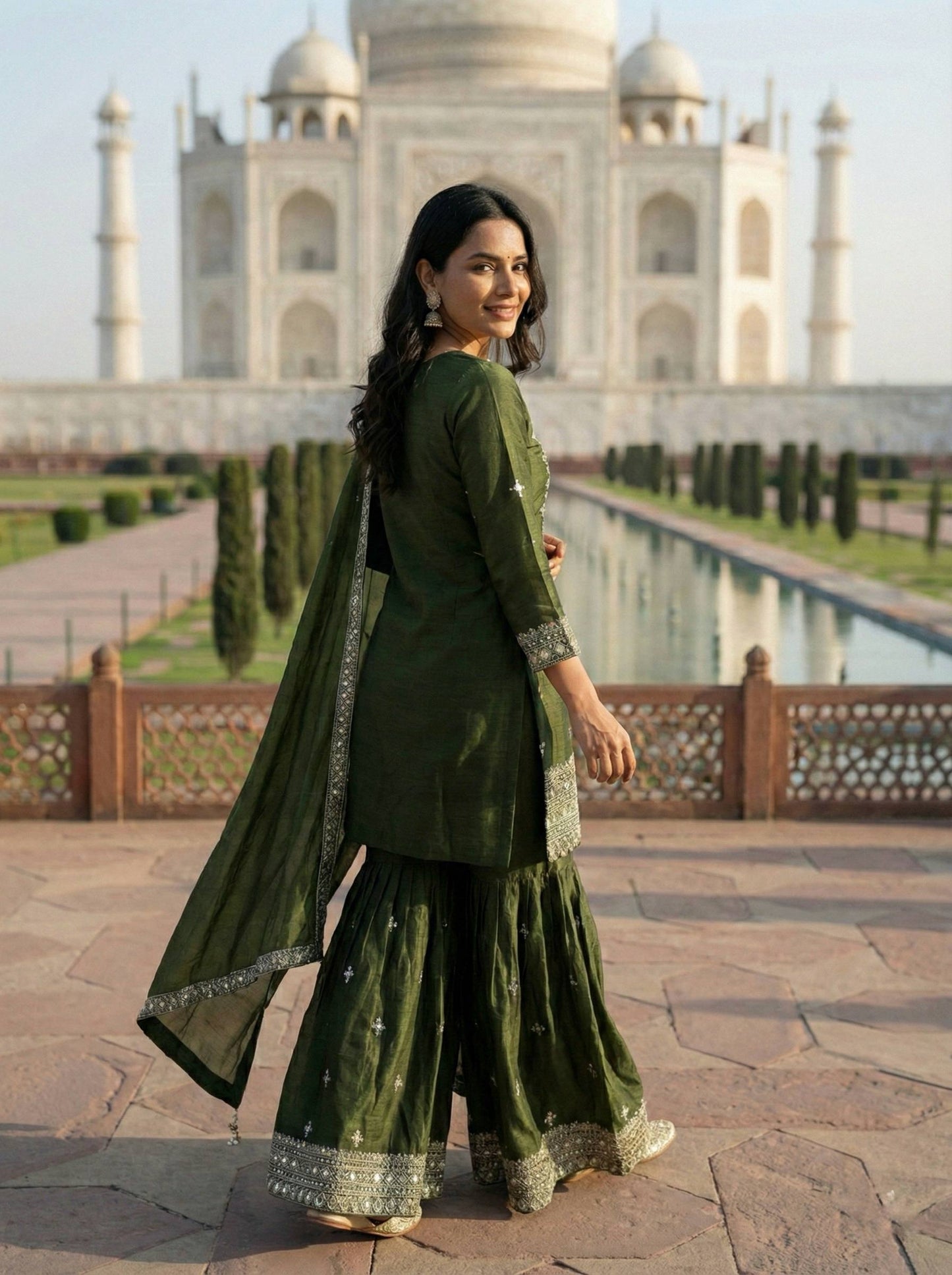 Olive Green GMY Silk Embroidered Sharara Set with Mirror Work and Lace Border Dupatta