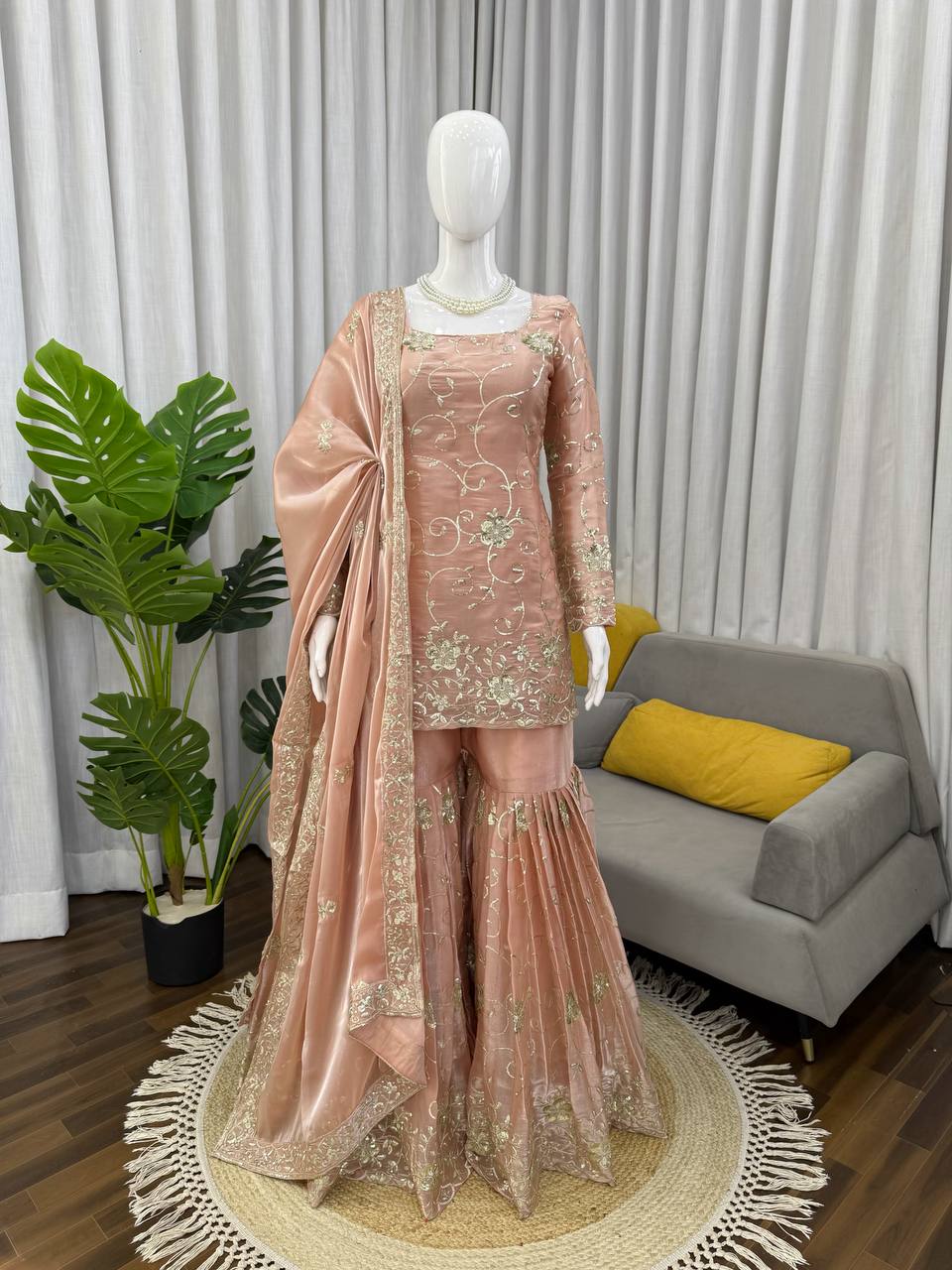 Soft Pink Rose JMC Silk Embroidered Top and Sharara Set with Matching Dupatta