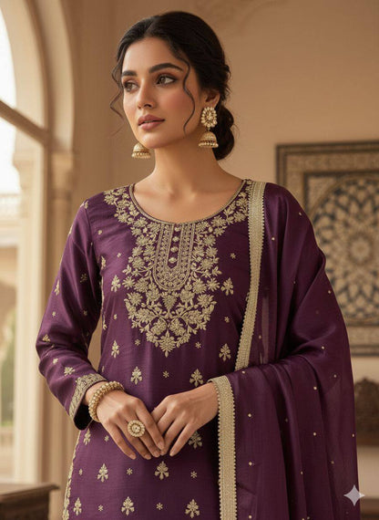 Heirloom Purple GMY Silk Sequence Embroidered Sharara Set with Bead Work Dupatta