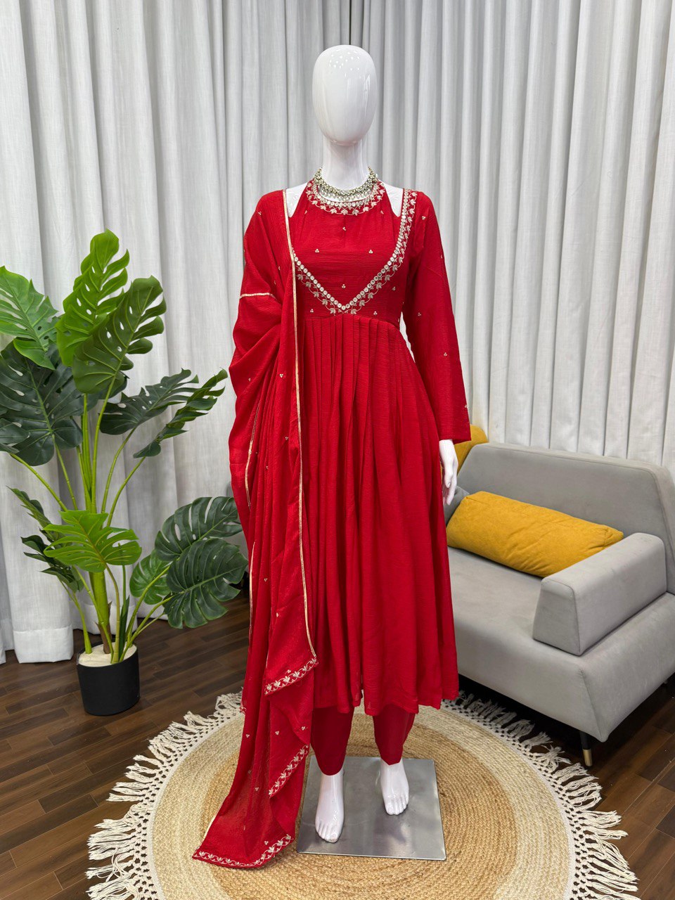 Red Chinon Silk Embroidered Top with Plazo and Lace Border Dupatta