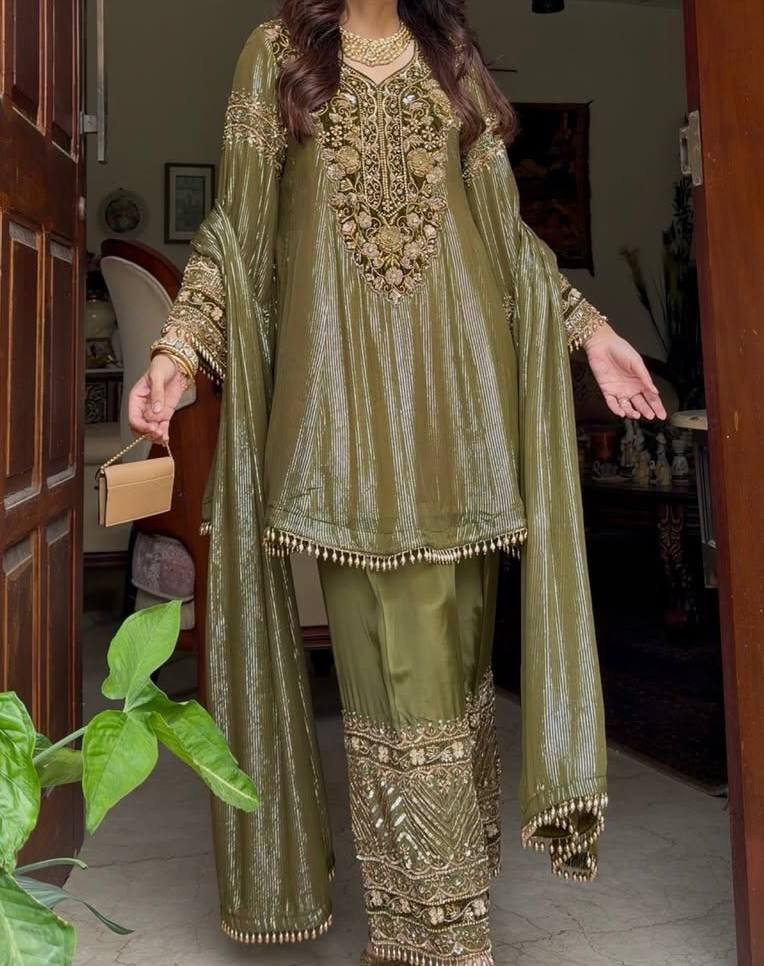 Noble Green Eid Special Heavy Embroidered Nylon Top with Soft Silk Plazzo and Lace Border Dupatta