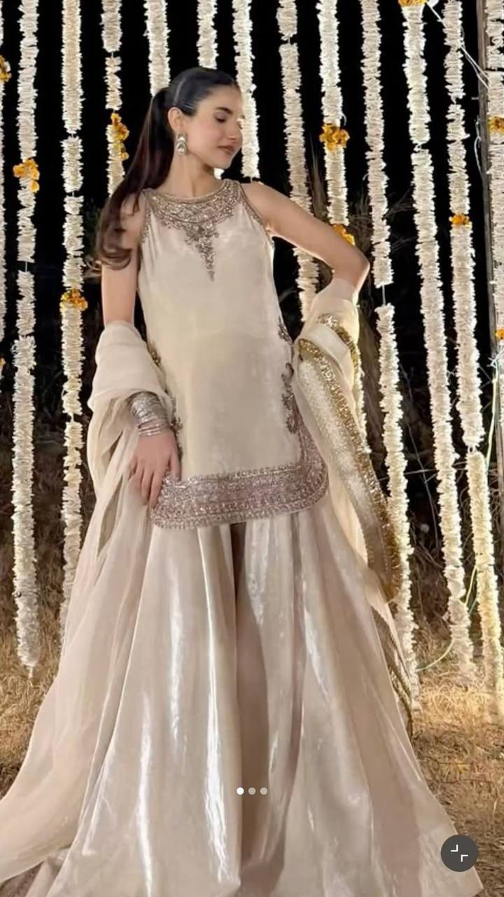 Heirloom Cream Embroidered Viscose Velvet Top with Umbrella Cut Palazzo and Soft Net Dupatta