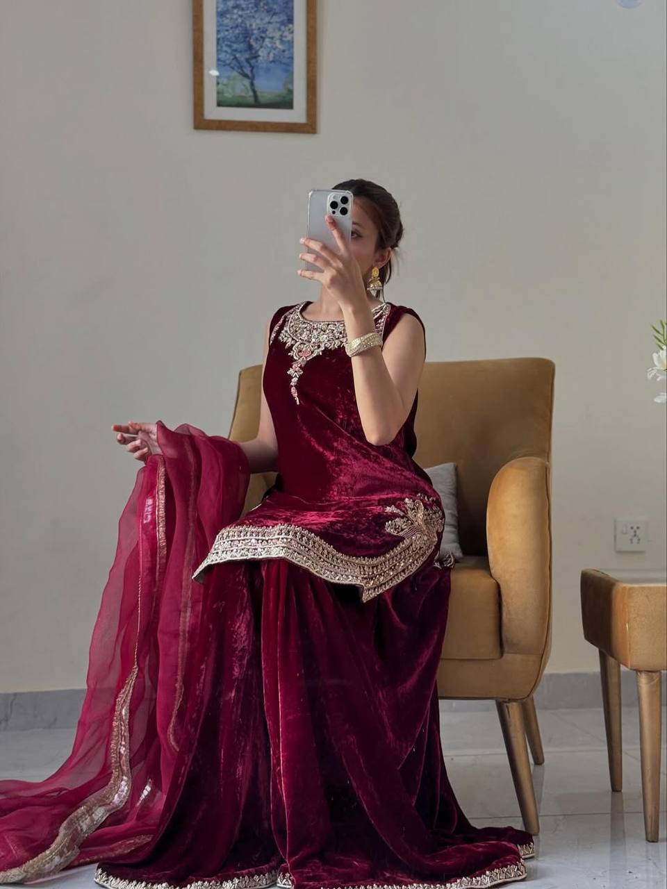 Maroon Embroidered Viscose Velvet Top with Umbrella Cut Palazzo and Soft Net Dupatta