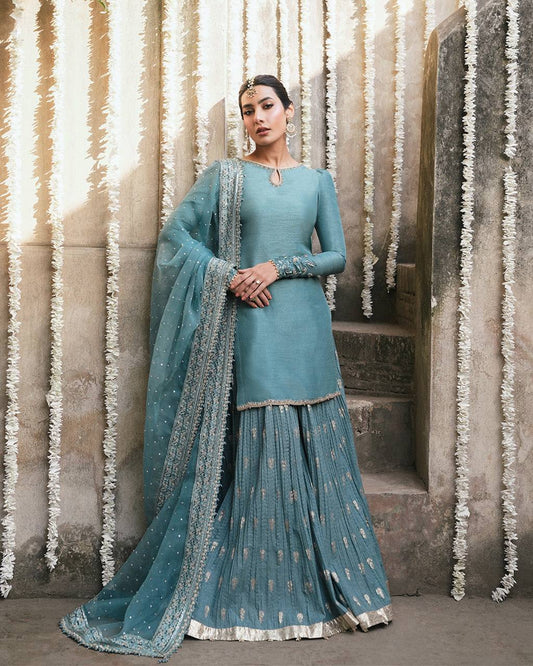 Regal Sea Blue Heavy Faux Georgette Embroidered Sharara Suit Set with Dupatta