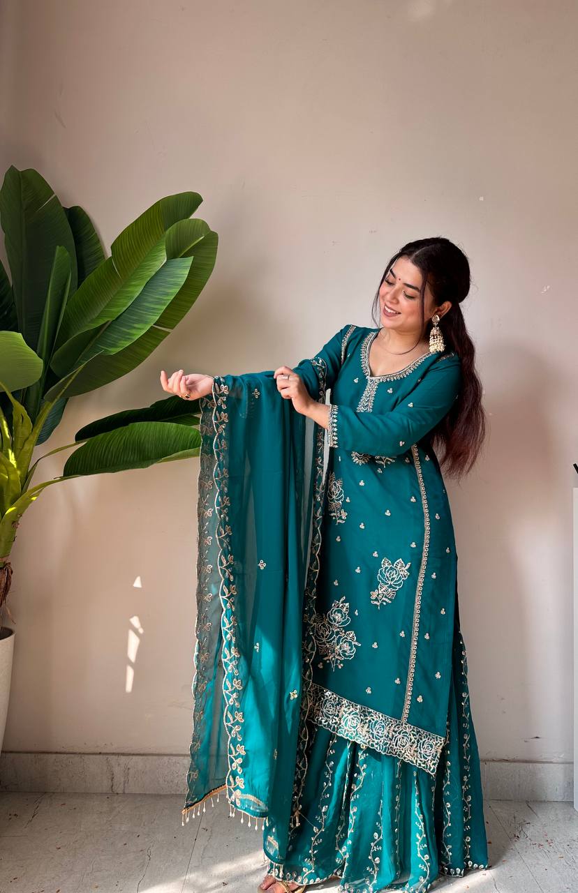 Teal Royal EID Special Faux Georgette Embroidered Gharara Suit Set with Dupatta