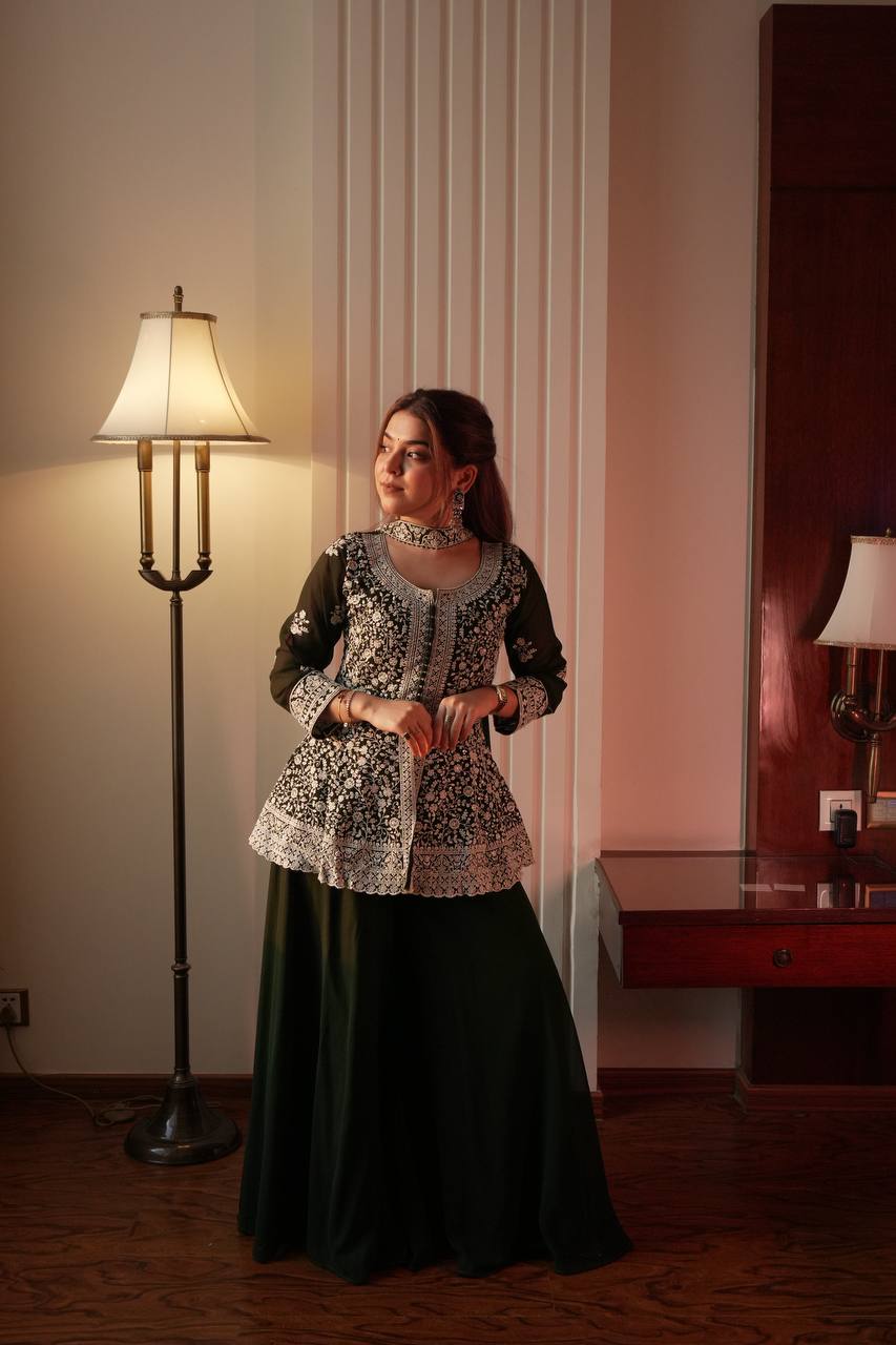Green Embroidered Georgette Peplum Top Plazzo Set with Dupatta