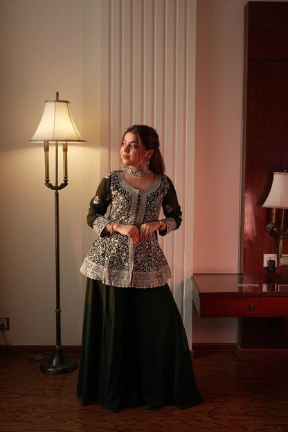 Green Embroidered Georgette Peplum Top Plazzo Set with Dupatta