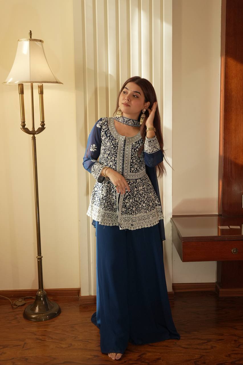 Navy blue Embroidered Georgette Peplum Top Plazzo Set with Dupatta