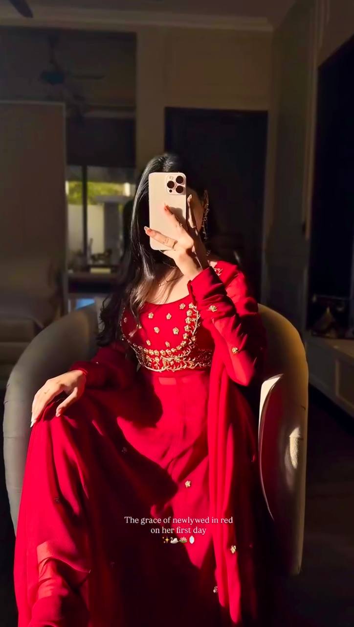 Red Heavy Faux Georgette Thread and Sequence Work Suit with Pant and Dupatta Set