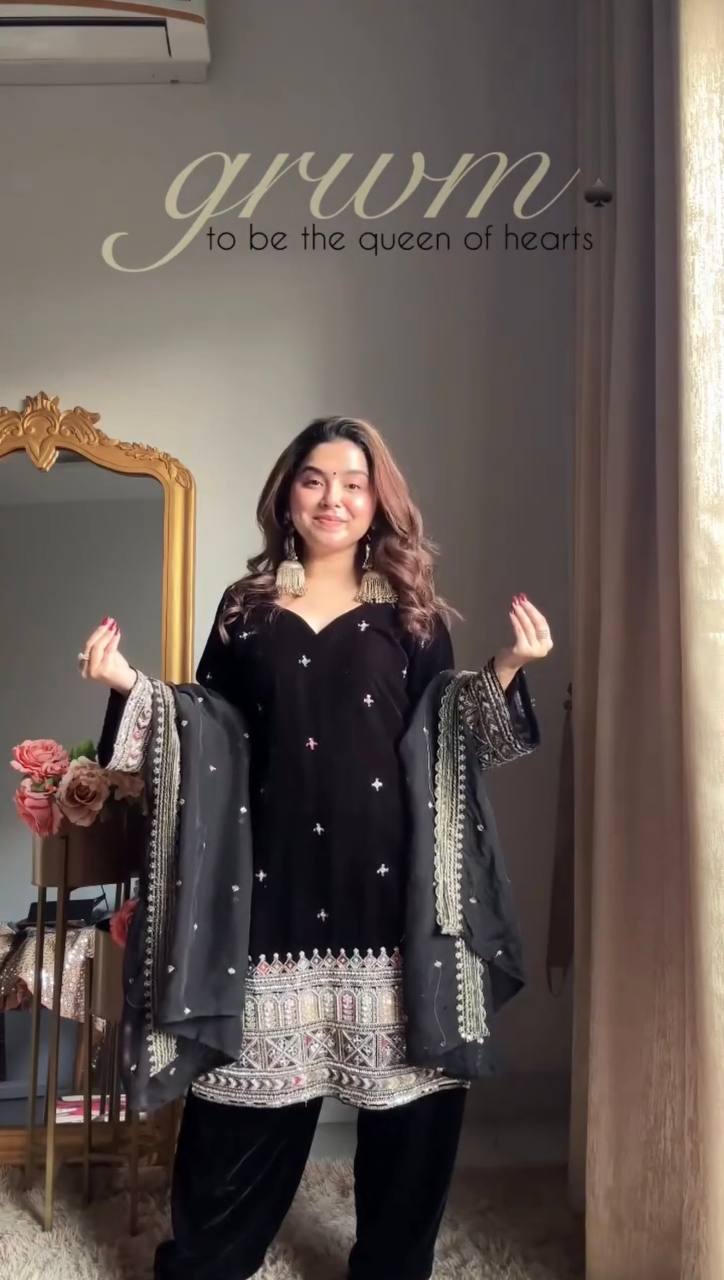 Black Heavy Velvet Coding and Sequence Work Palazzo Set with Tibby Silk Dupatta