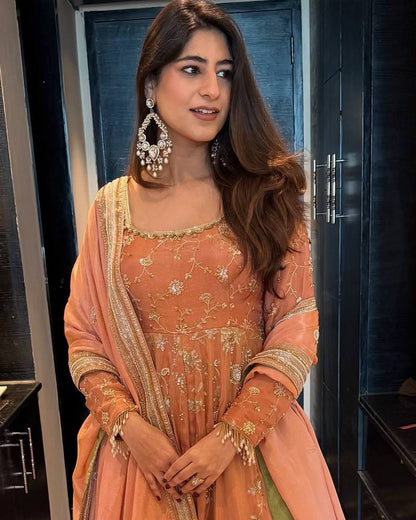 Orange colour Heavy Chinon Silk Thread and Sequence Work Gown with Lehenga and Dupatta Set