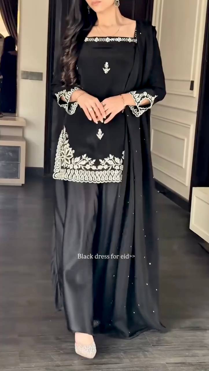Black Heavy Natural Crepe Thread and Sequence Work Palazzo Set with Tibby Silk Moti Dupatta