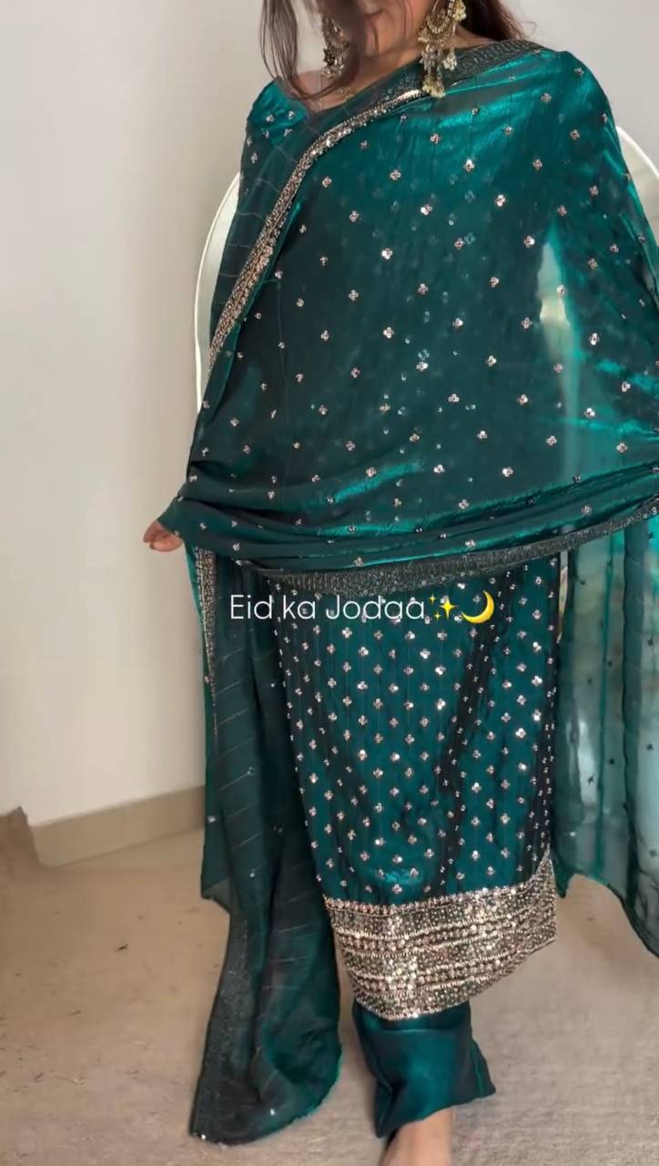 Pine Green Heavy Fendy Silk Thread and Sequence Work Top with Pant and Matching Dupatta