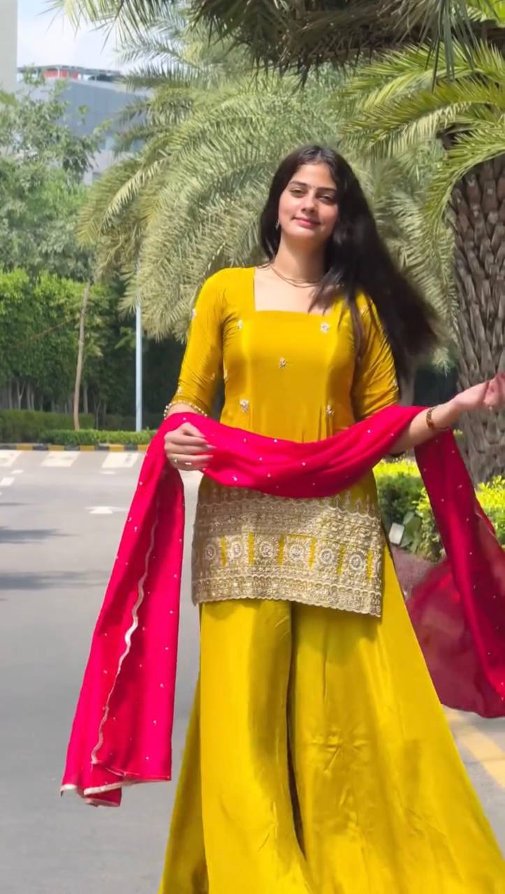 Saffron Yellow Natural Crepe Silk Thread and Sequence Work Sharara Set with Chinon Silk Dupatta