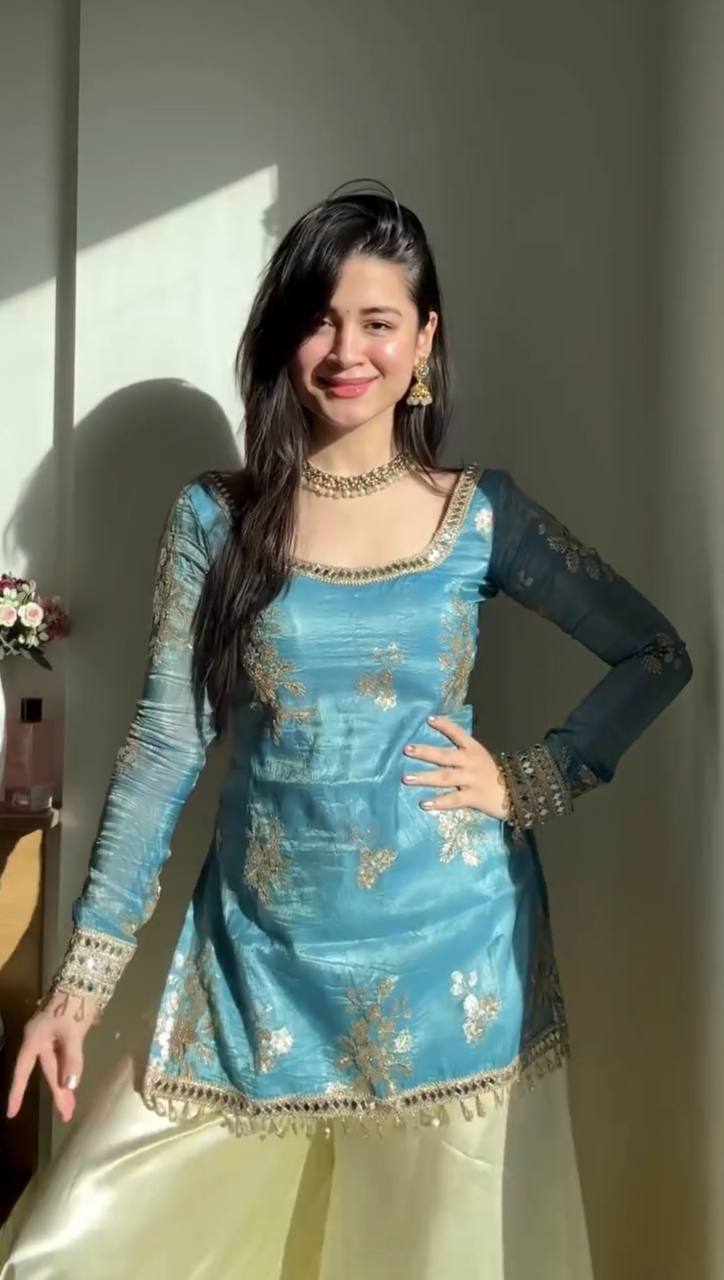 Lagoon Blue Fendy Silk Thread, Sequence and Real Mirror Work Top with Palazzo