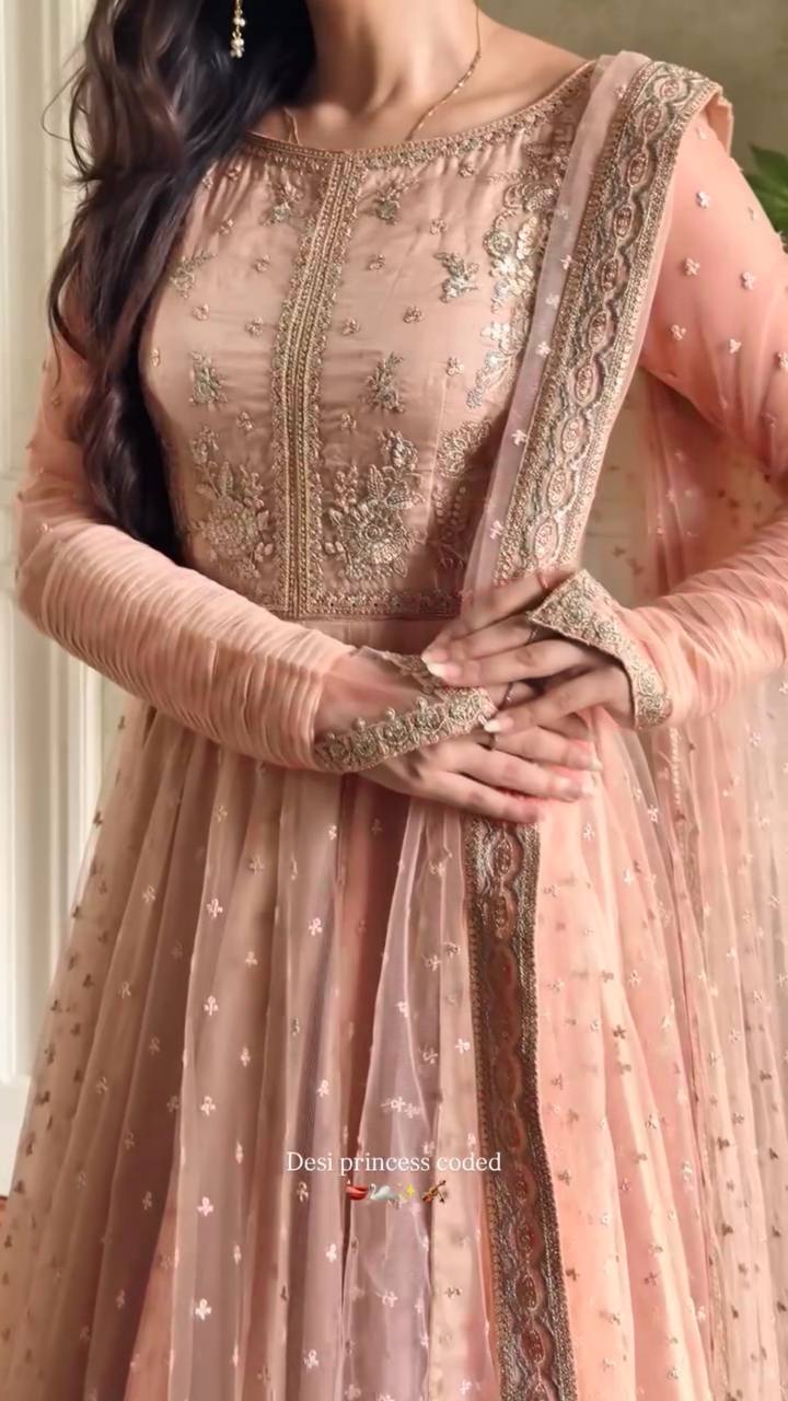 Shehzadi Pink Faux Georgette Thread and Sequence Work Gown with Lehenga and Butterfly Net Dupatta